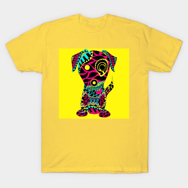 tribal dog with rasta love tattoo ecopop in yellow art T-Shirt by jorge_lebeau